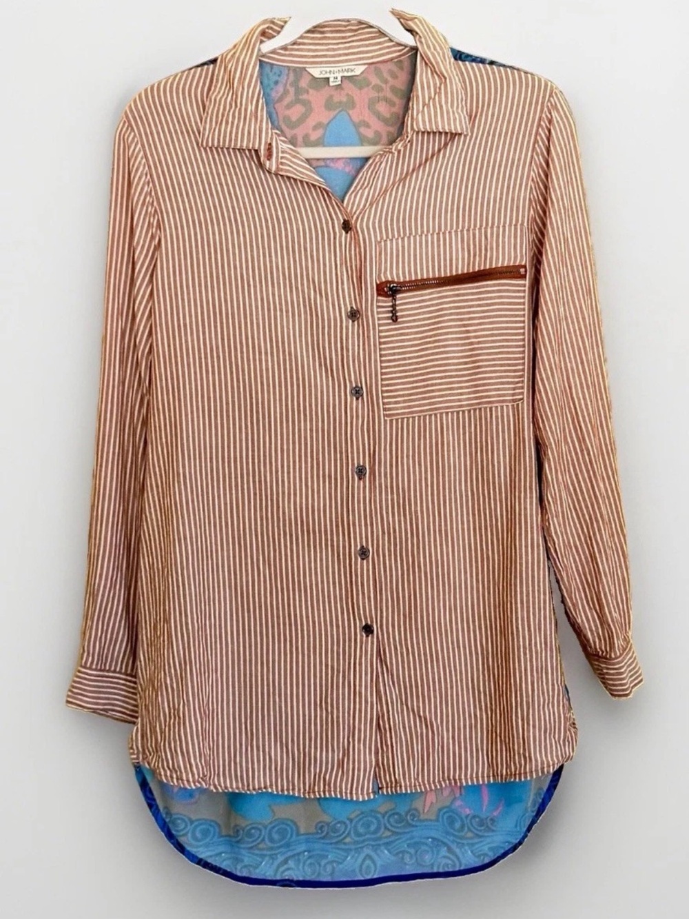 John Mark Women Woven Brown White Striped Collared Mixed Media Large Abstract
